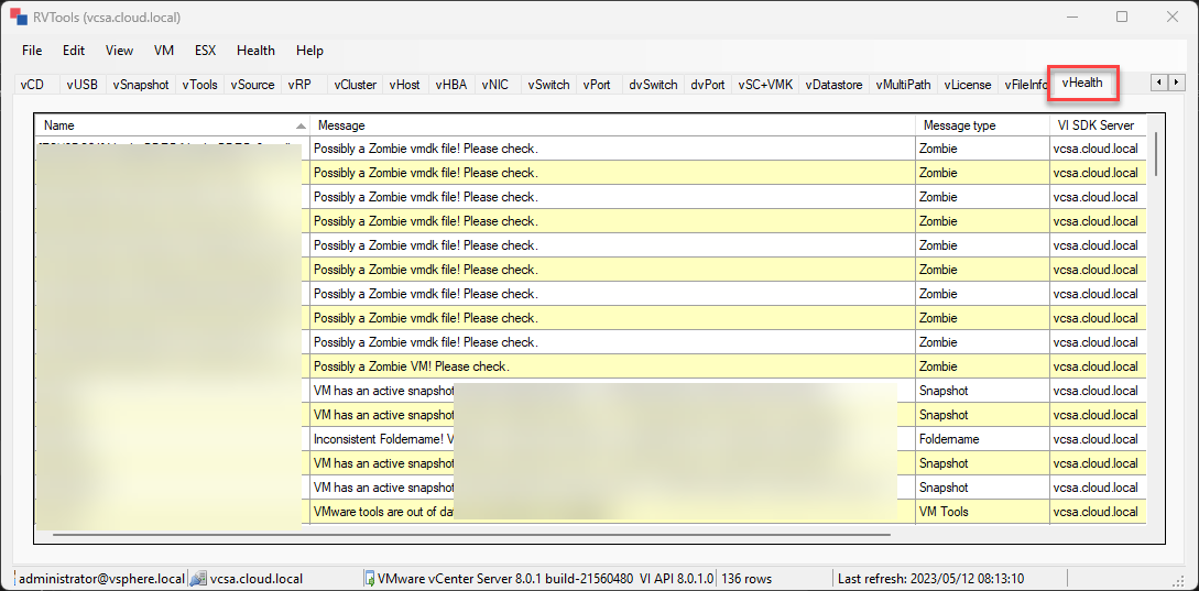 RVTools vHealth worksheet showing inventory findings such as possible zombie VMs, snapshots, and VMware Tools status.